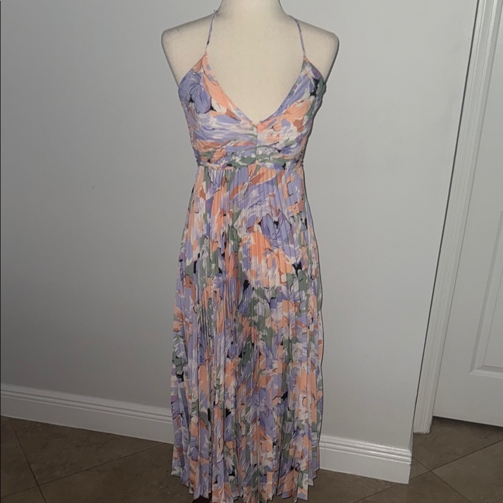 Blythe Floral Plisse Midi Dress - Size Medium CORAL MULTI